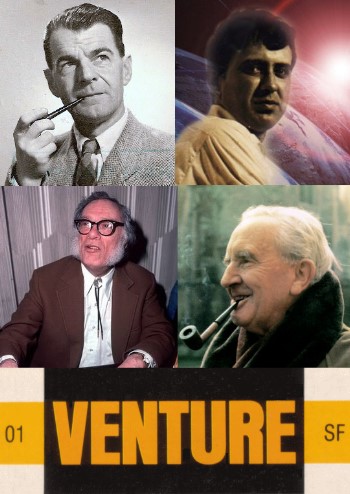 Clockwise from Top Left: Philip E. High, Richard C. Meredith, J.R.R. Tolkien, Issac Asimov. Below is the Venture SF logo